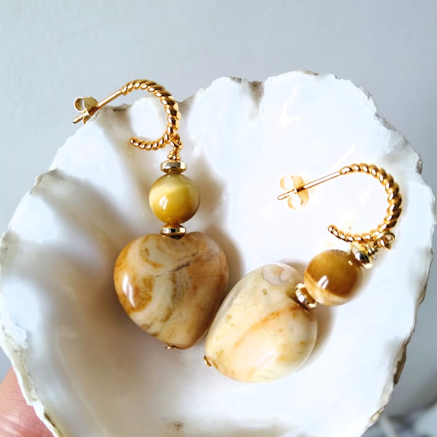 Caramel Amazonite Heart & Tiger Eye Gold Sterling Silver Huggie Drop Earring