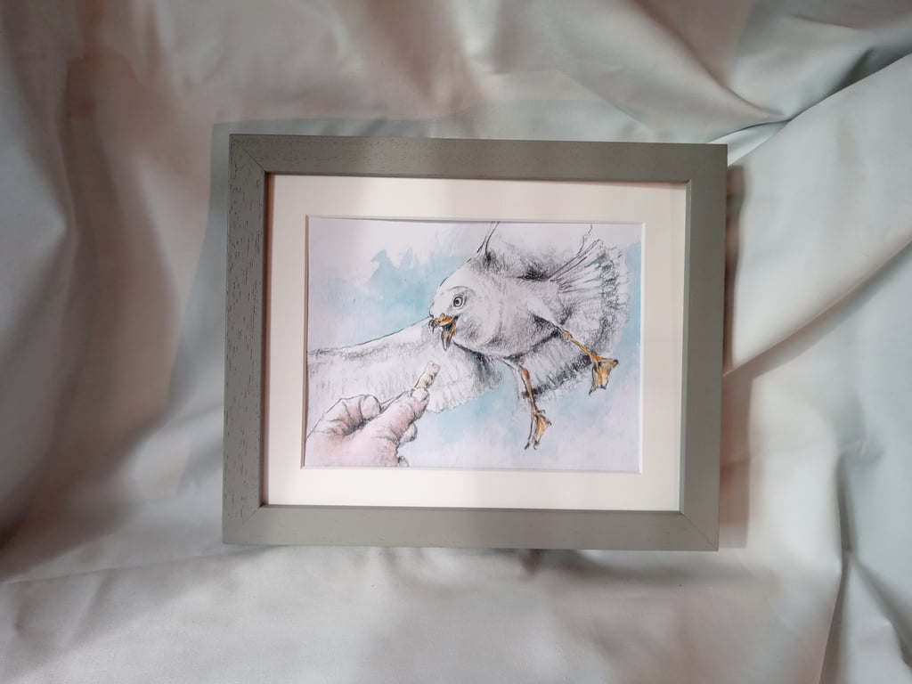 watercolour print of a seagull worthing beach sussex