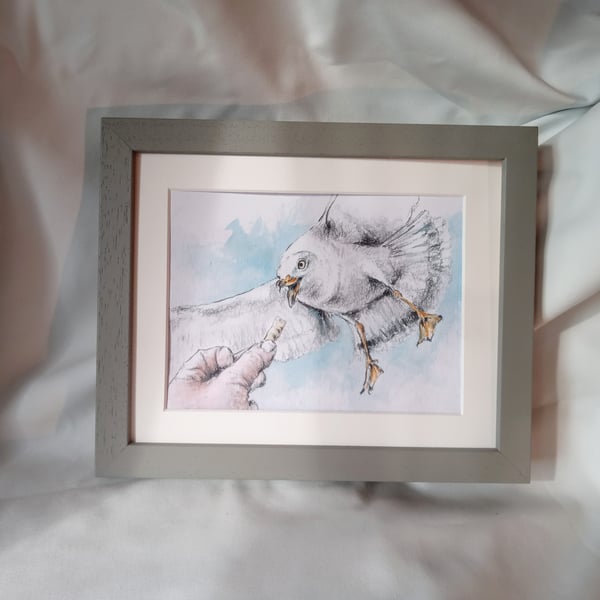 watercolour print of a seagull worthing beach sussex