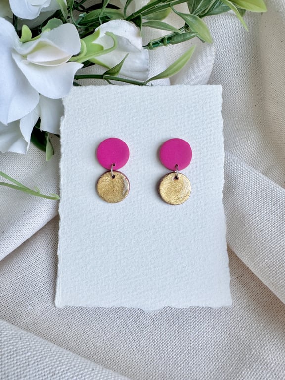 Gold and Pink Circle Drop Polymer Clay Earrings