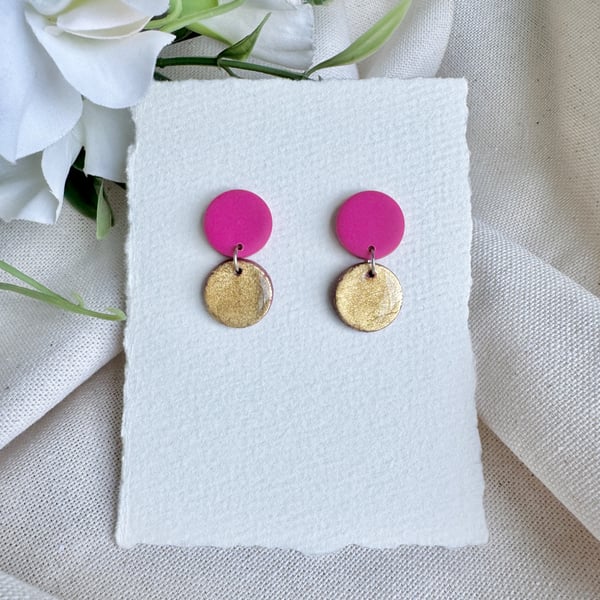 Gold and Pink Circle Drop Polymer Clay Earrings