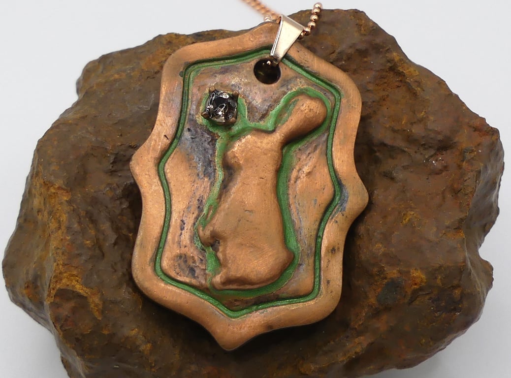 Recycled Copper Bunny on Picture Frame Pendant Necklace with Smoky Quartz.