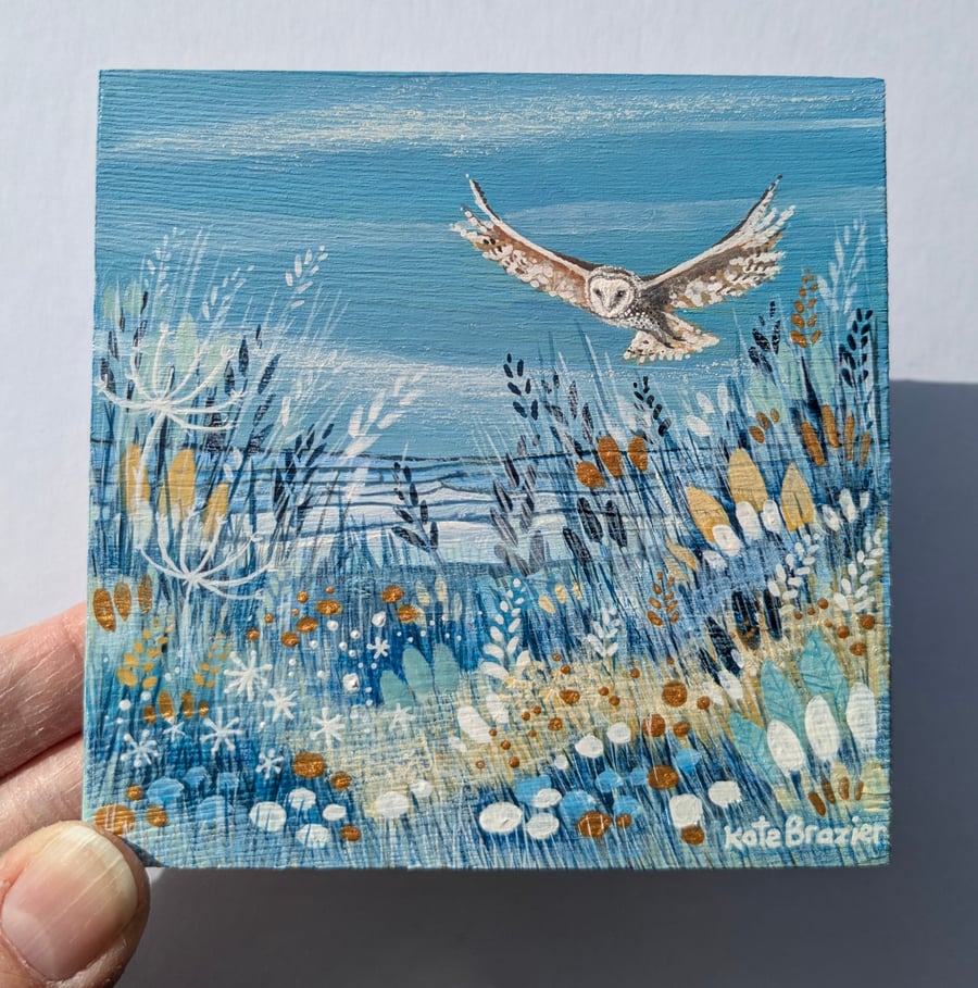 Watchful - Original Mixed Media. Wooden Tile. Freestanding. Barn Owl. 