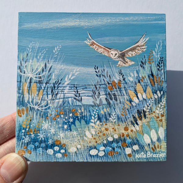 Watchful - Original Mixed Media. Wooden Tile. Freestanding. Barn Owl. 