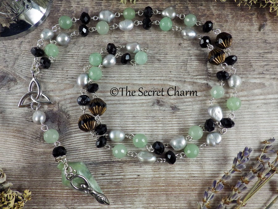 Aventurine Gemstone Rosary Necklace, Celtic Goddess Handmade Jewellery