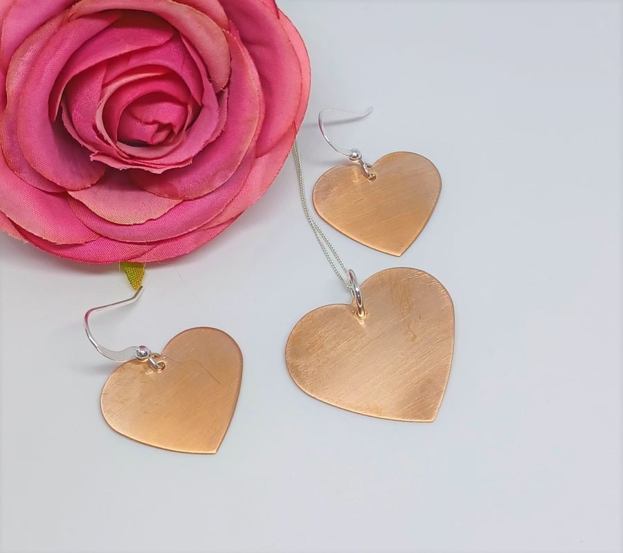 Satin Effect Copper and Sterling Silver Heart Necklace and Earring Set