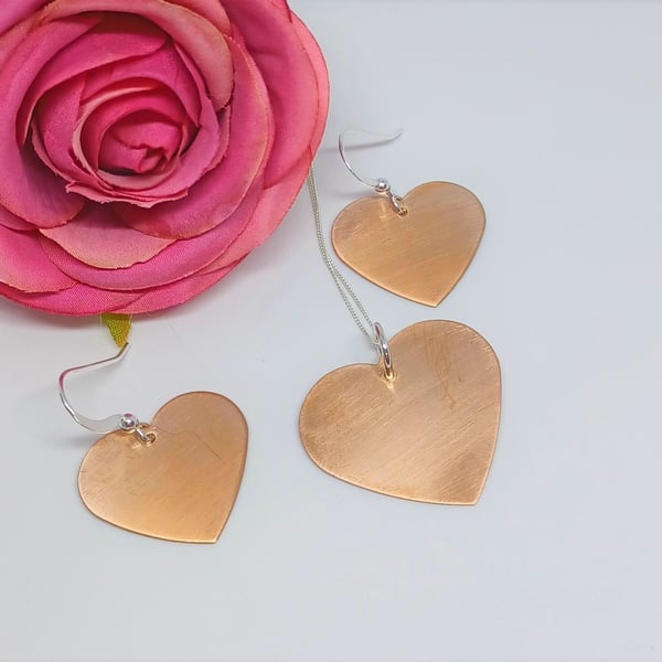 Satin Effect Copper and Sterling Silver Heart Necklace and Earring Set
