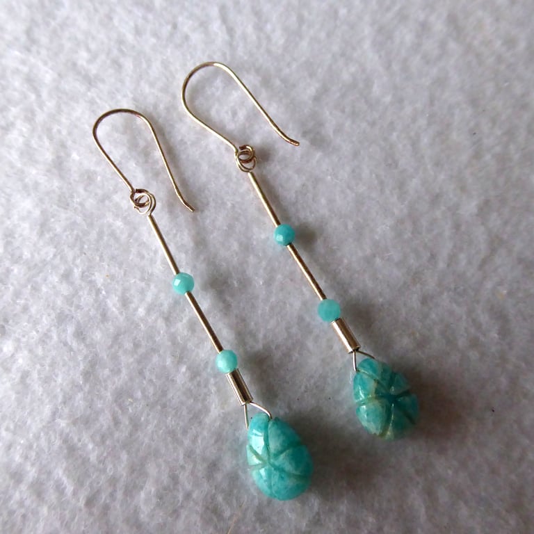 Amazonite Carved Teardrop and Sterling Silver Earrings
