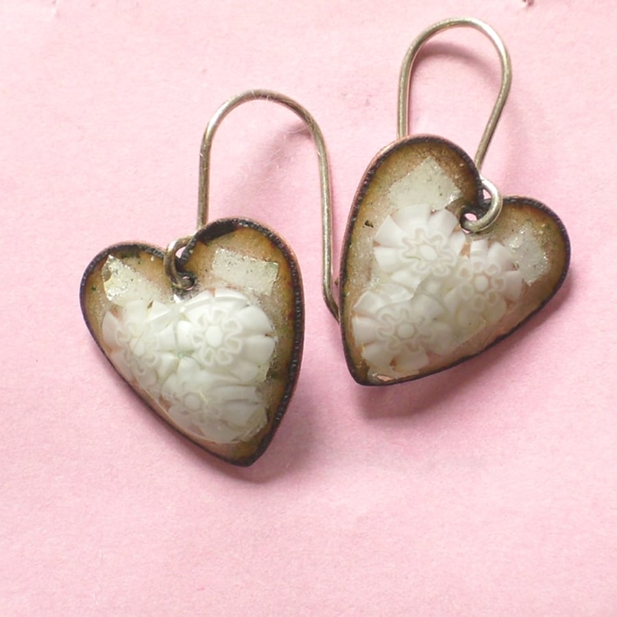 Bead enamelled earwires - white heart