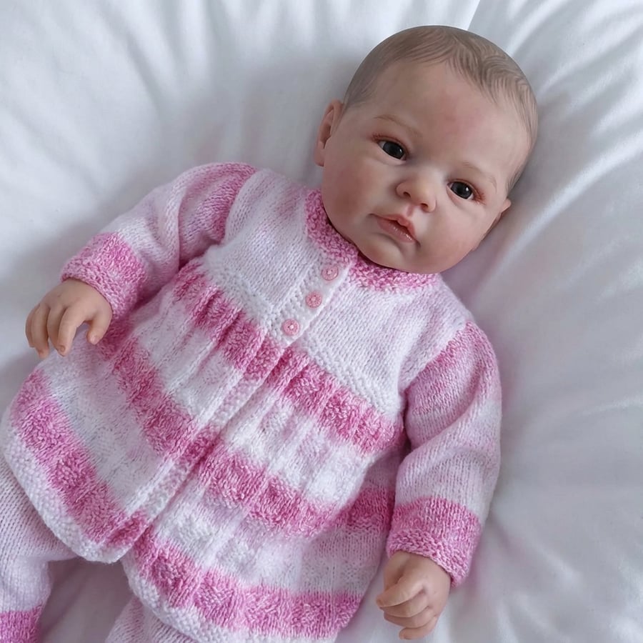 Baby Girl Hand Knitted Cardigan Pink White, Heart Pattern, Baby Shower Gift