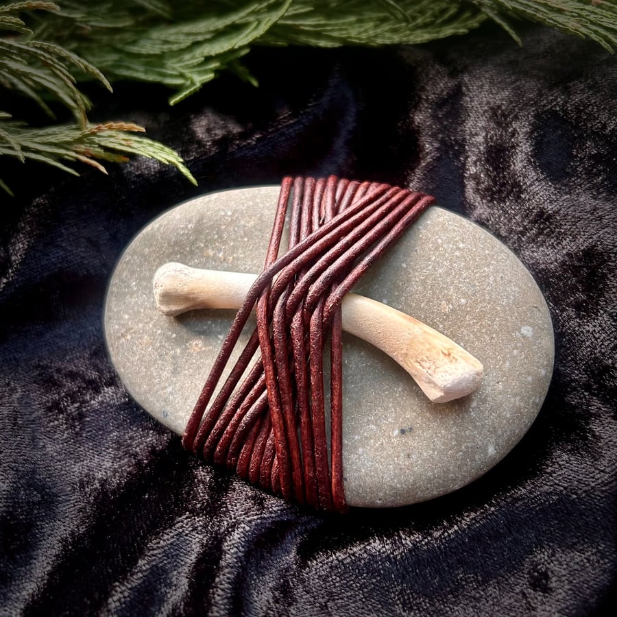 Wrapped Rock, Leather and Bone Meditation Stone, Beach Pebble, Japanese Mizuhiki