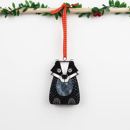 Badger hanging ornament, forest theme Christmas tree decoration.