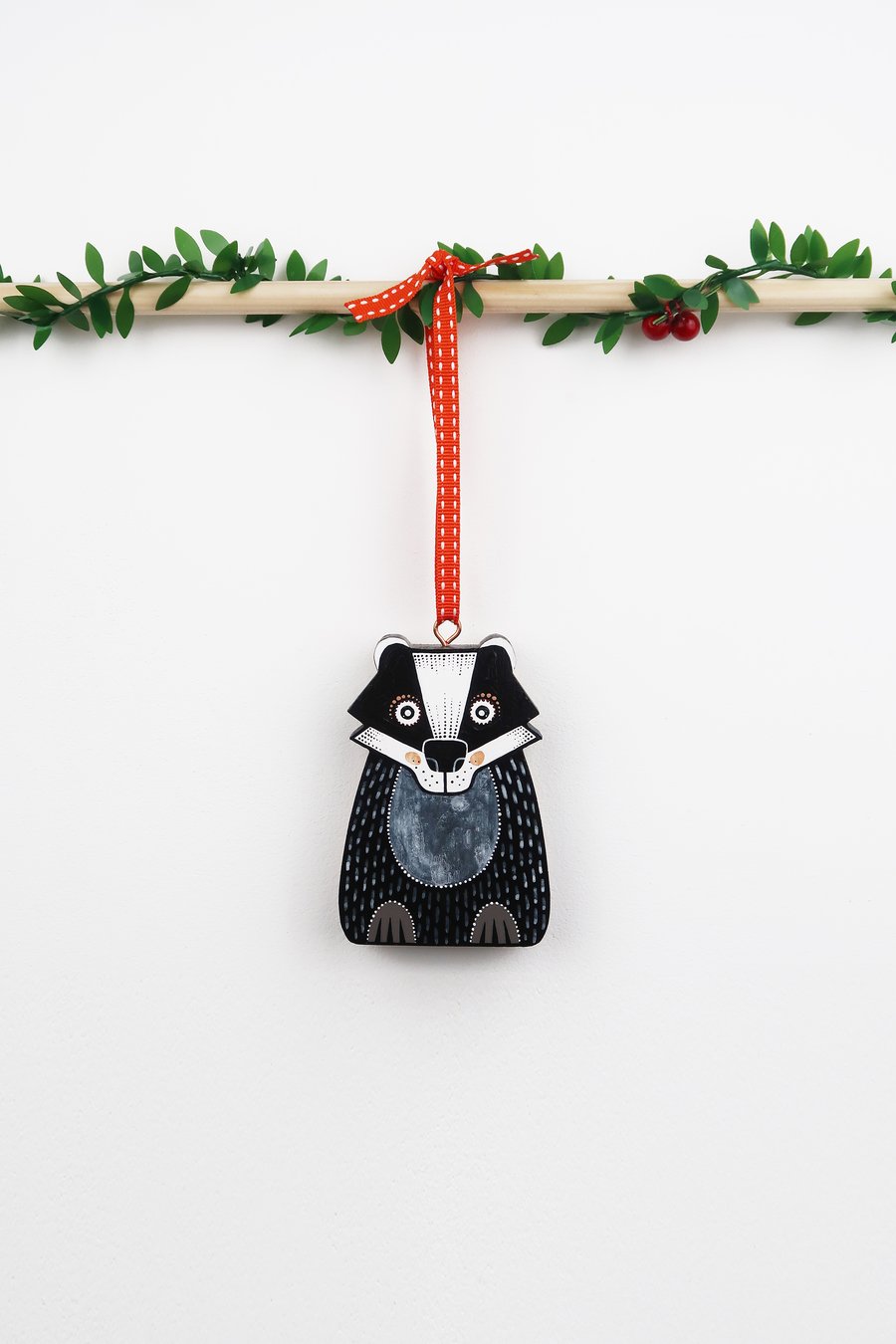 Badger hanging ornament, forest theme Christmas tree decoration.