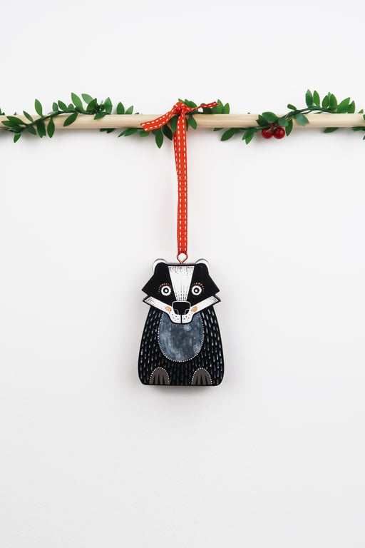 Badger hanging ornament, forest theme Christmas tree decoration.