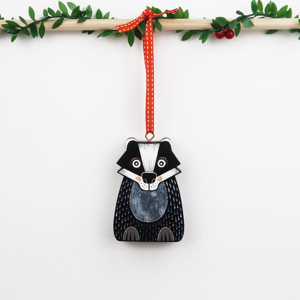 Badger hanging ornament, forest theme Christmas tree decoration.