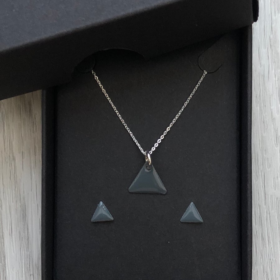 Tiny enamel triangle stud earrings & necklace set. Sterling silver. Minimalist.