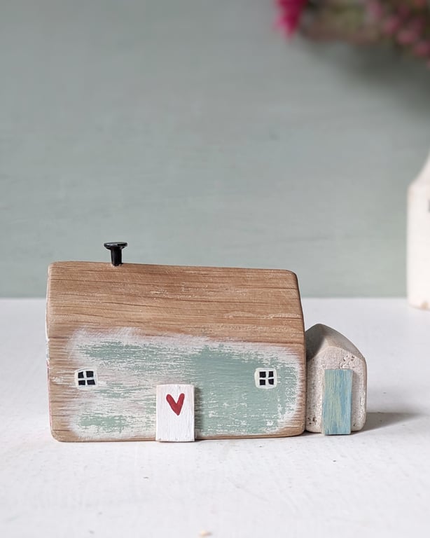 Little Handmade Painted Wooden House with Teeny Side Shed
