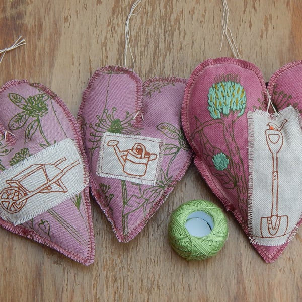 3 Naturally dyed hanging hearts - Gardening prints