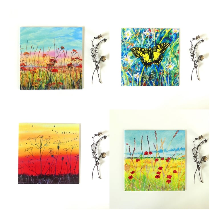 Set of Four Colourful Fen Scene and Butterfly Blank Greeting Cards