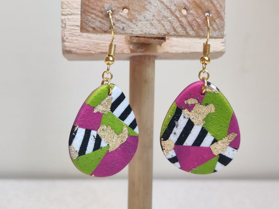 Pink green bright  pebble dangle earrings 