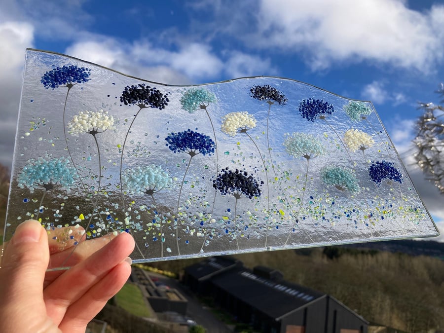 12 Long Whimsical Opaque Blue mix of meadow flowers fused glass Art Picture comp