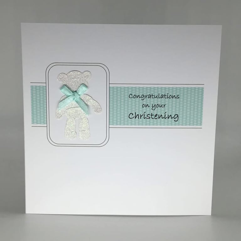 Christening card - teal glitter teddy