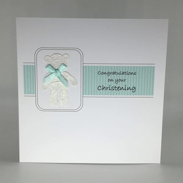 Christening card - teal glitter teddy