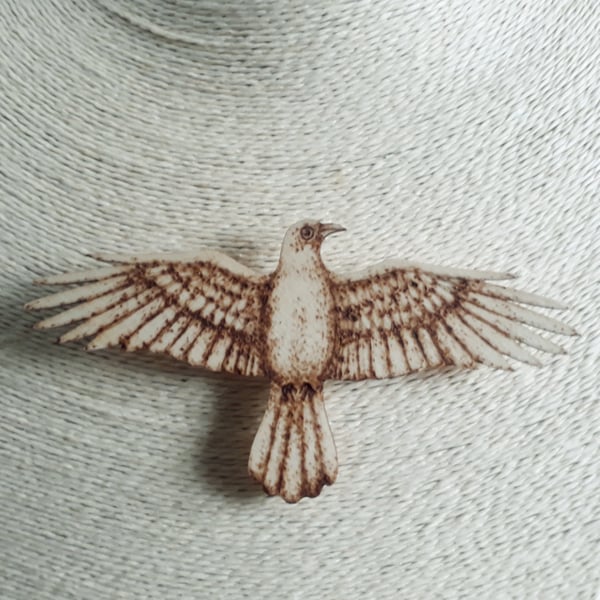 Pyrography crow wooden brooch