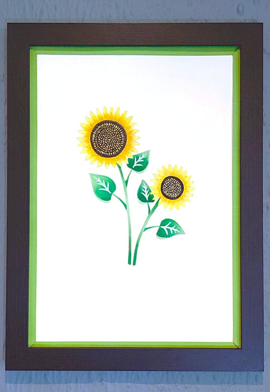 Genuine Made in UK Framed A3 Print Yellow Sunflowers Stylish Light Green Border