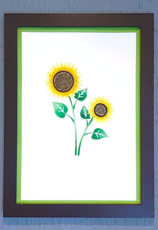 Genuine Made in UK Framed A3 Print Yellow Sunflowers Stylish Light Green Border