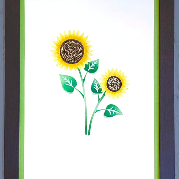 Genuine Made in UK Framed A3 Print Yellow Sunflowers Stylish Light Green Border