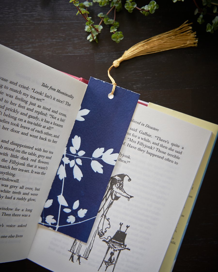 bookmark "Leaves V", original cyanotype on fine watercolour paper & gold tassel