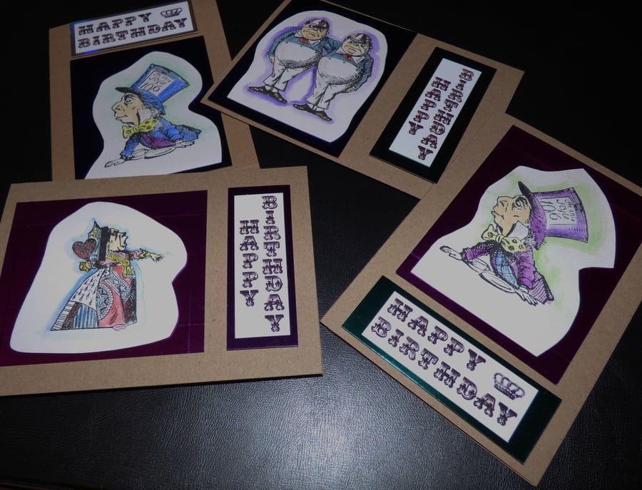 4 birthday cards Alice in Wonderland theme queen tweedledum mad hatter