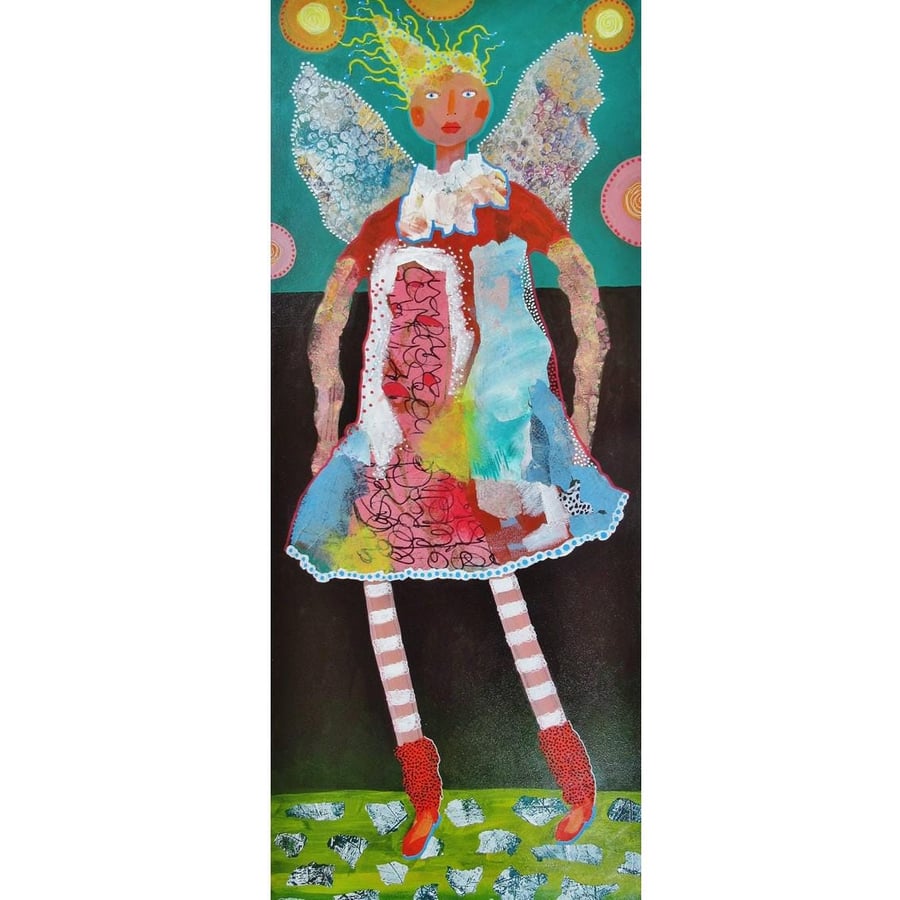 Large Angel Painting Collage Acrylic Female Figure Spiritual Whimsical Folk Art