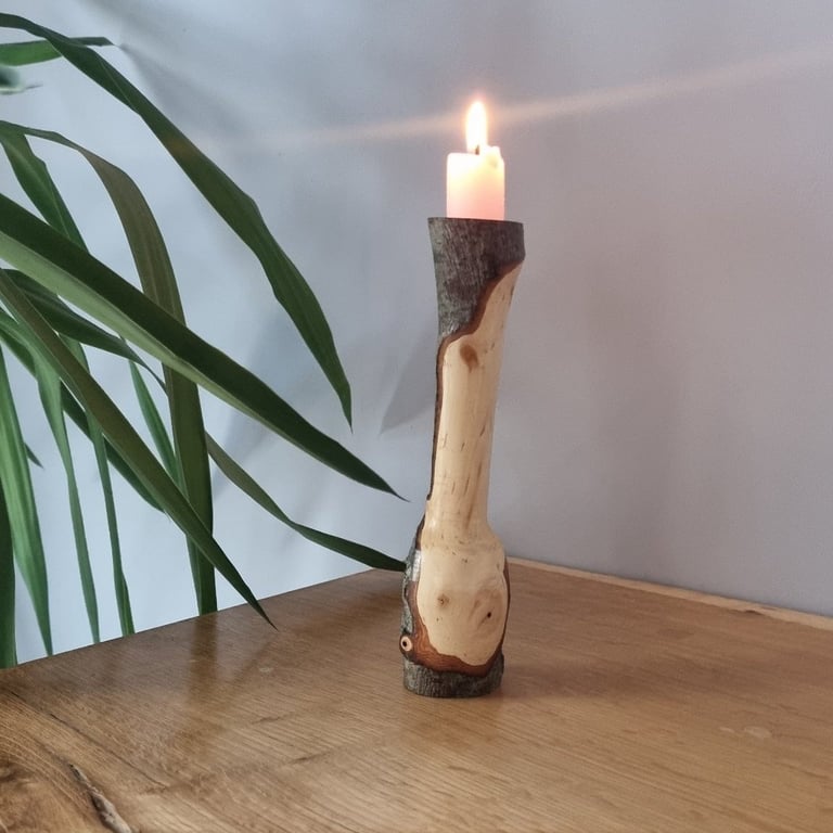Hand Turned Rustic Hawthorn Candle Holder – Natural Wooden Home Decor
