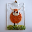 Artist made Fused Glass Highland Cow Tree Suncatcher.