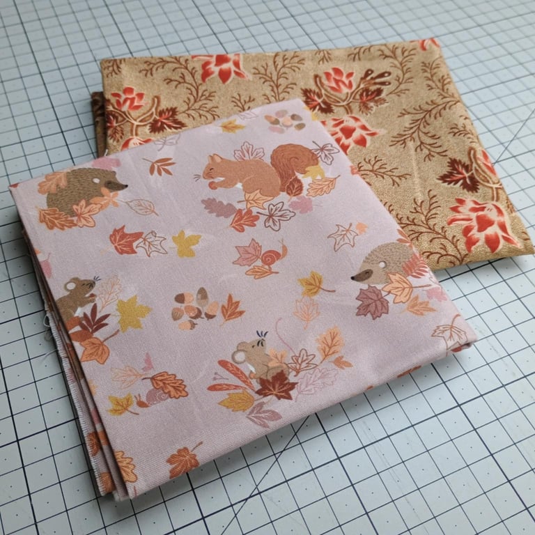 Quilting cotton remnants - Woodland animals and swirling autumn leaves