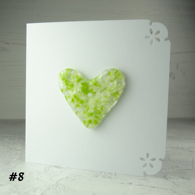 Handcrafted green speckled heart fused glass blank card (8)