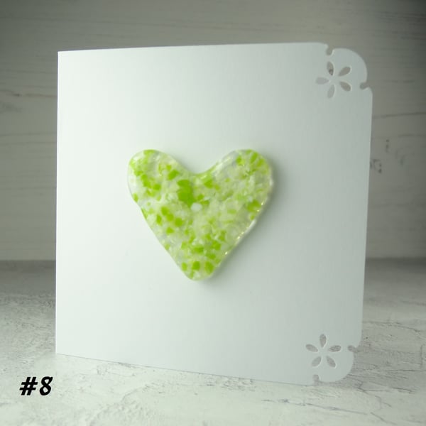 Handcrafted green speckled heart fused glass blank card (8)