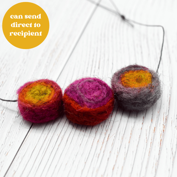 Felted bead necklace in multicoloured wool