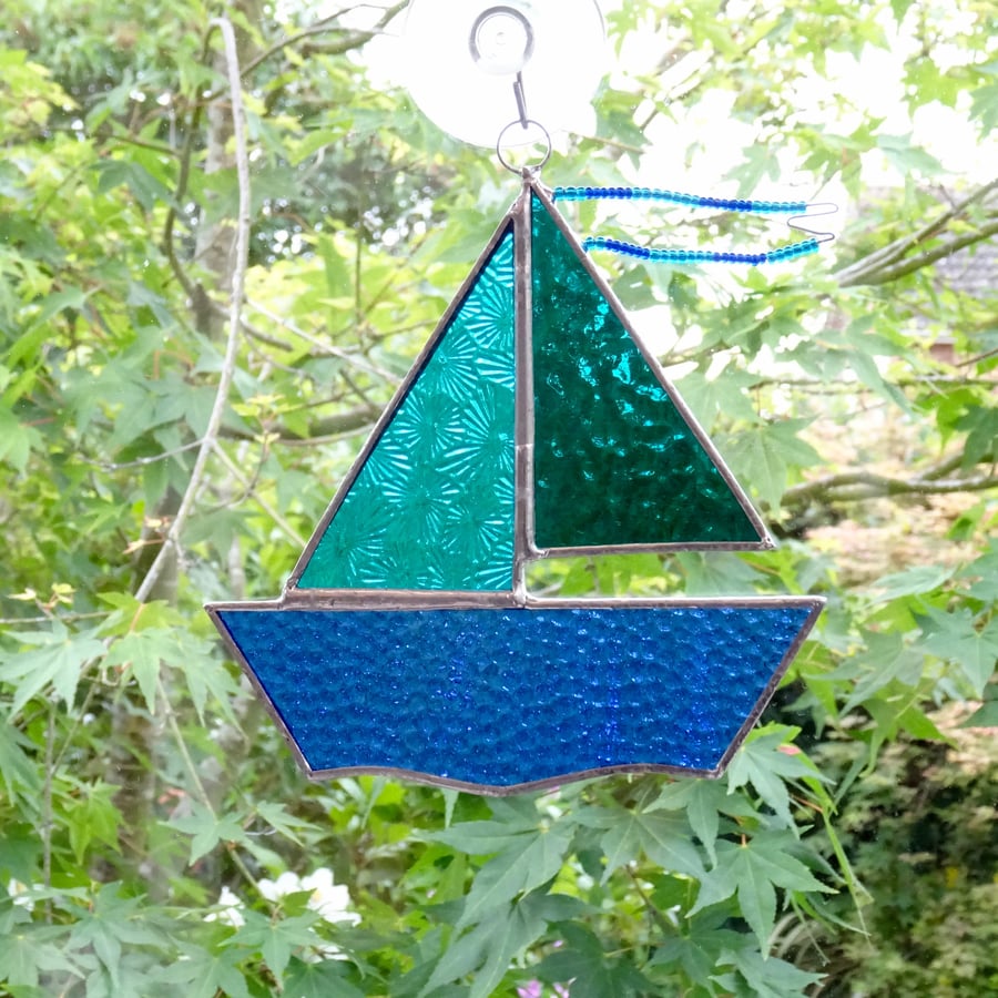 Stained Glass Sail Boat Suncatcher - Handmade Hanging Decoration - Teal and Turq