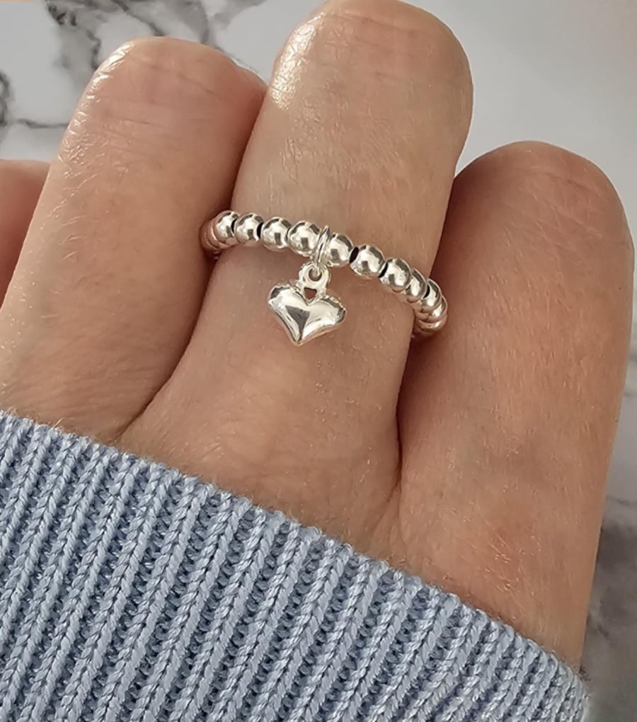 Sterling Silver Heart Charm Beaded Stretch Ring, 925