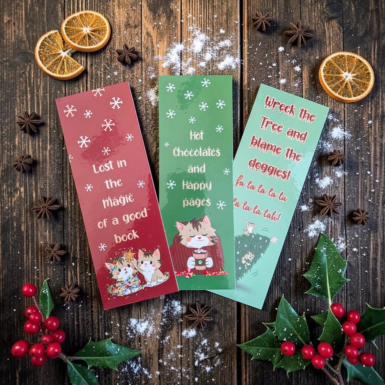 Cute Cat Christmas Bookmarks Pack or Single - Gloss Laminated - Monty & Mabel