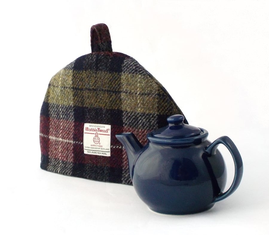 Harris Tweed small tea cosy wine red olive green 2 cup fabric teapot cover 