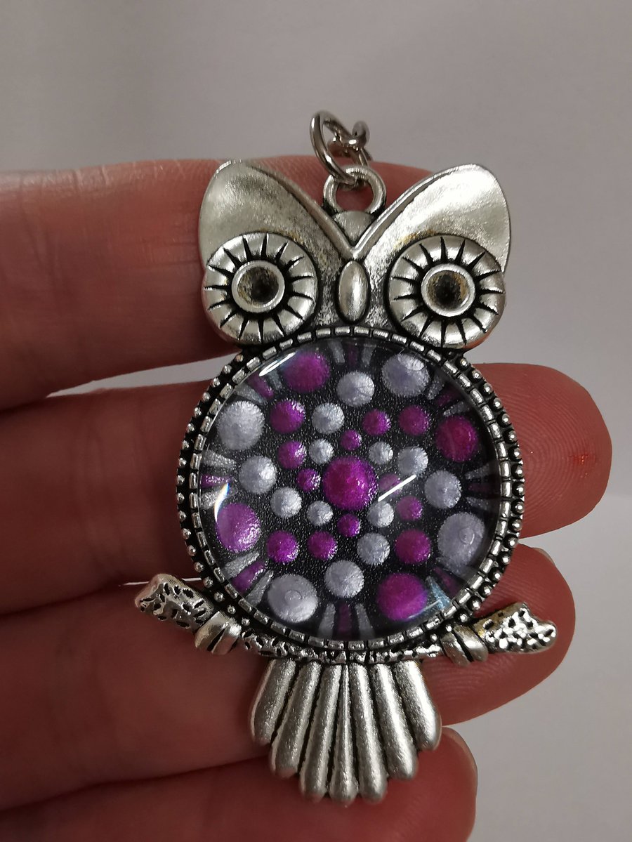 Dot Painted Owl Key Ring Dark Pink and Lilac