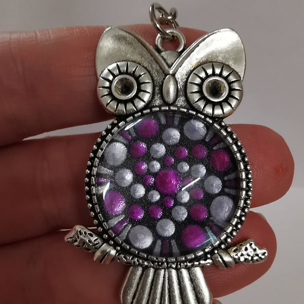 Dot Painted Owl Key Ring Dark Pink and Lilac