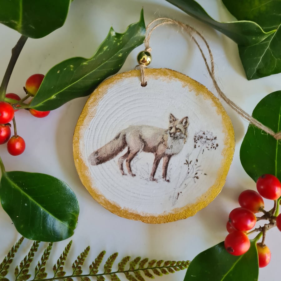 Christmas autumn decoration woodland fox wood slice hanging decoration