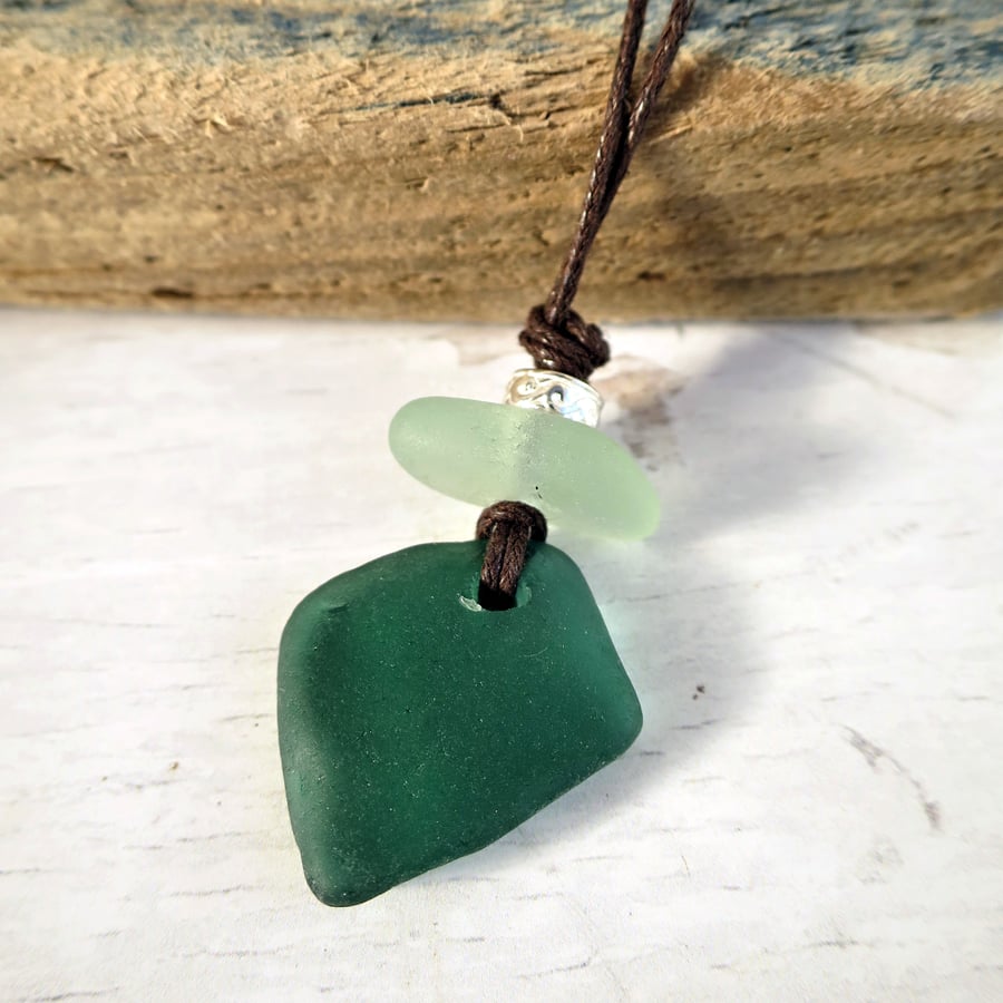 Deep Green Sea Glass Pendant, Unisex Necklace on Waxed Cord with Sterling Silver