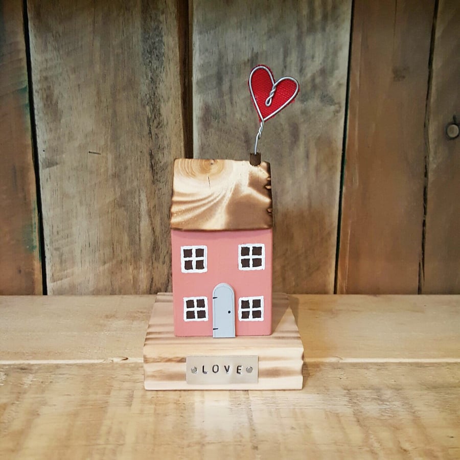 Handmade Wooden Cottage with Red Heart Gift New Home, Anniversary