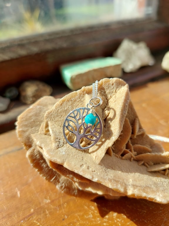 Sterling Silver and Turquoise Tree of Life Necklace - December Birthstone